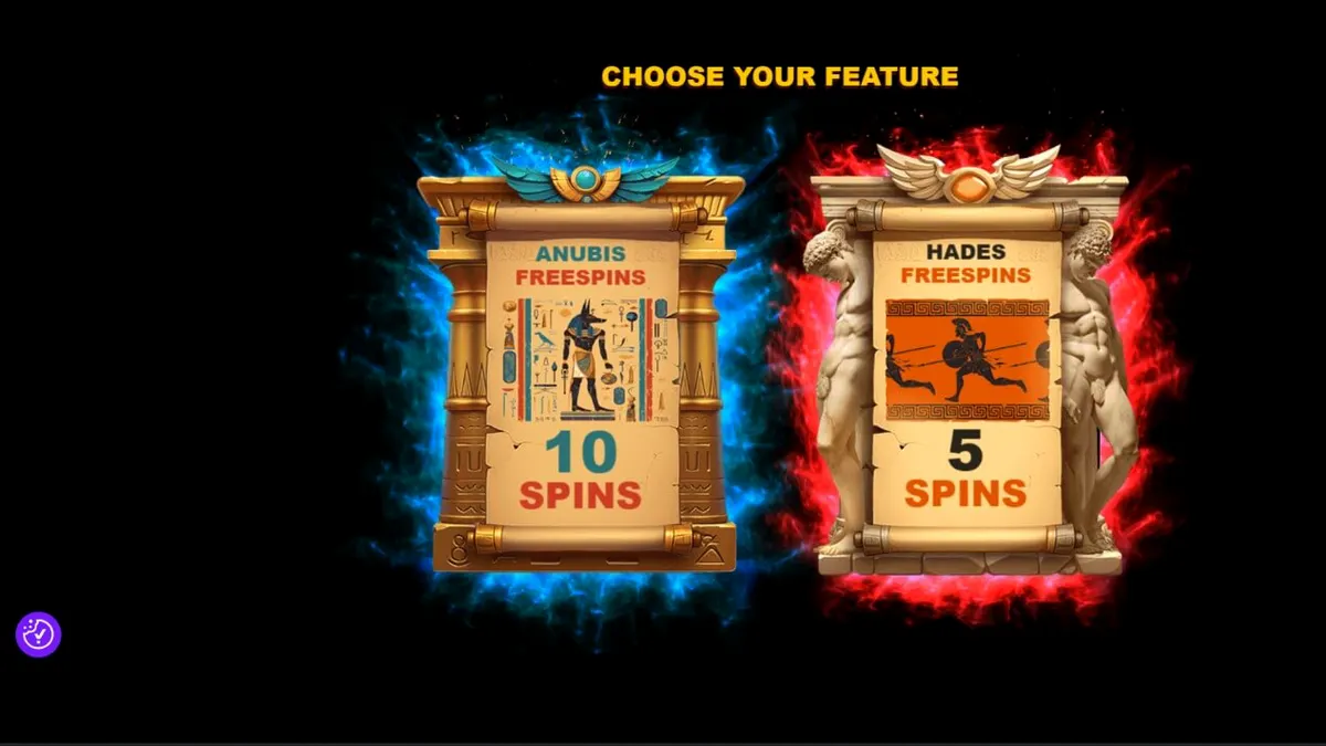 Tampilan visual slot Clash of Gods: Anubis vs Hades dengan elemen mitologi Mesir dan Yunani