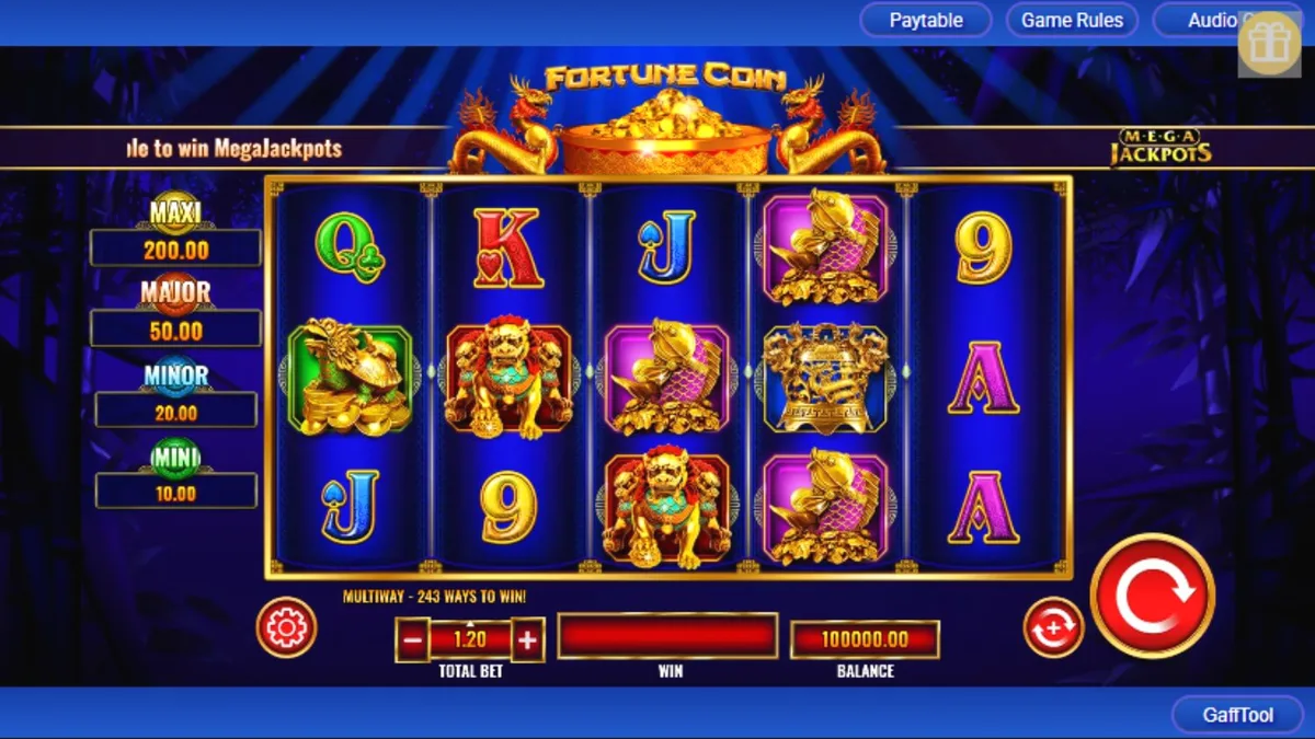 Tampilan visual slot Fortune Coin Mega Jackpot dengan simbol naga dan koin emas