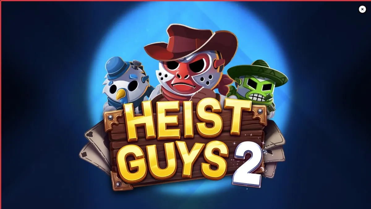 Tiga karakter bandit dalam permainan slot Heist Guys 2 dengan latar belakang Wild West.