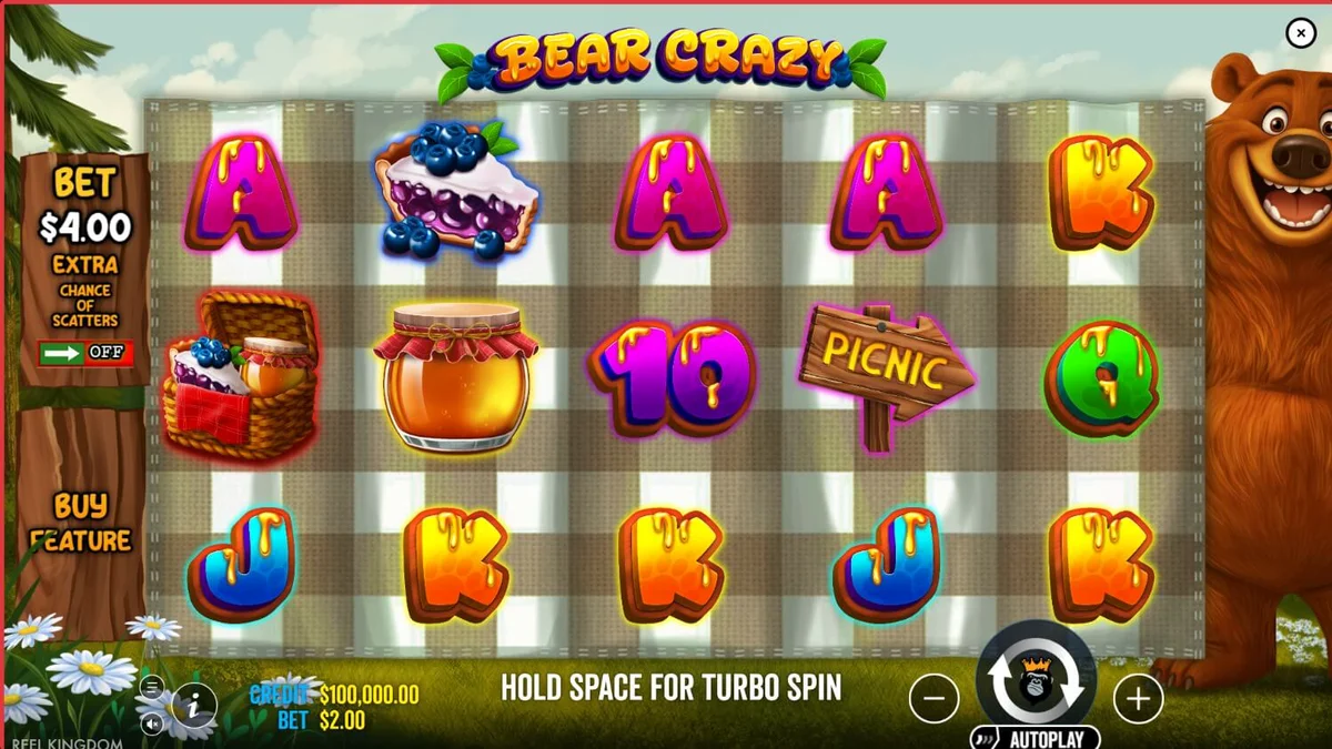 Pemandangan hutan yang ceria dengan simbol-simbol bertema piknik di slot Bear Crazy